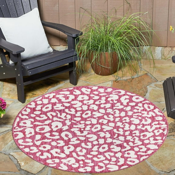 Unique Loom Outdoor Safari Collection Area Rug - Leopard (3' Round Magenta/Ivory)