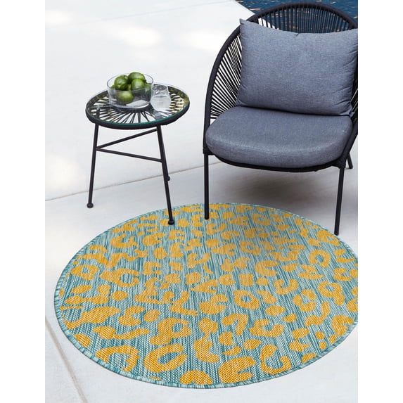 Unique Loom Outdoor Safari Collection Area Rug - Leopard (4' Round Blue Yellow/Blue)