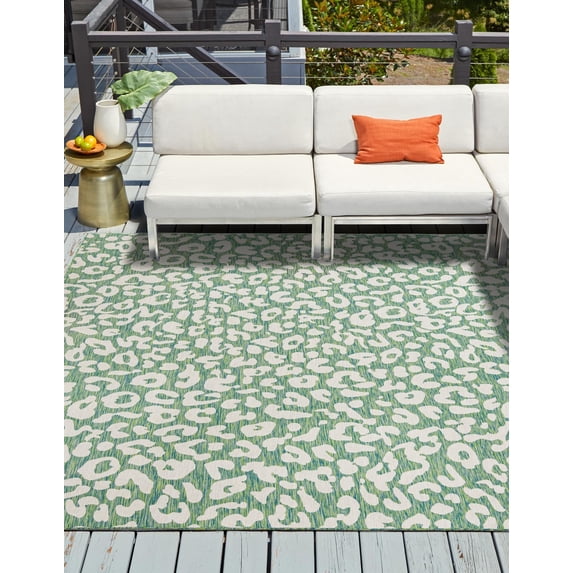 Unique Loom Outdoor Safari Collection Area Rug - Leopard (5' 3" Square Green Blue/Ivory)
