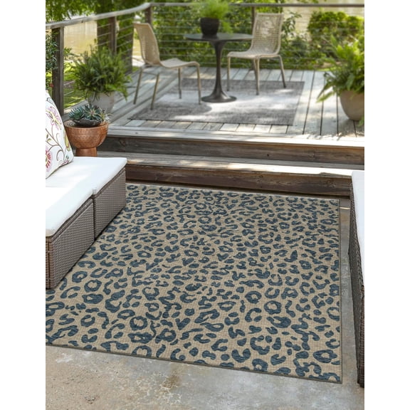 Unique Loom Outdoor Safari Collection Area Rug - Leopard (7' 10" Square Blue/Gray)