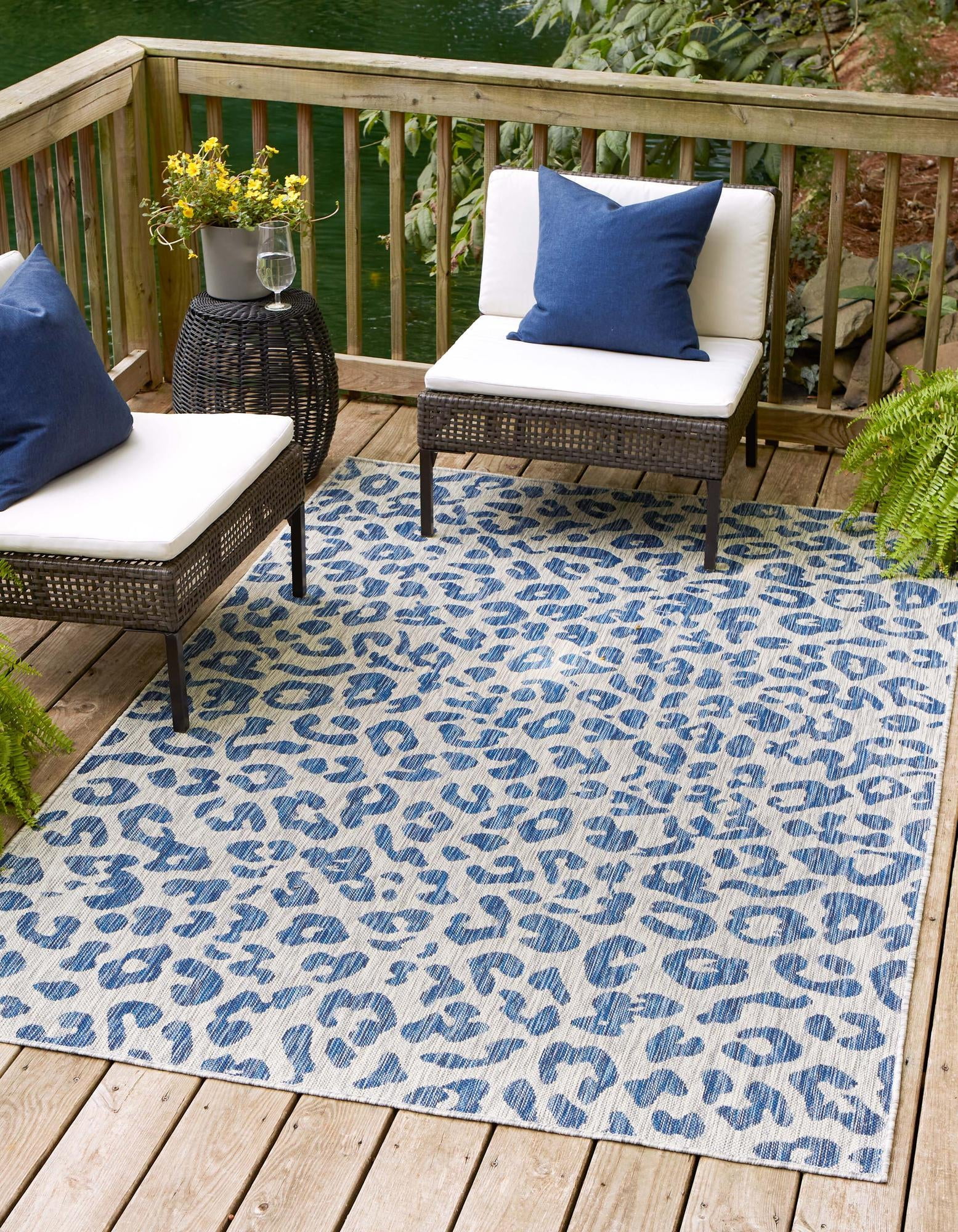 Blue and Gray Rectangular Synthetic Outdoor Area Rug