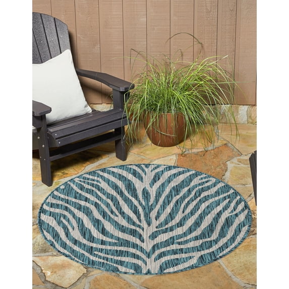 Unique Loom Outdoor Safari Collection Area Rug - Tsavo (4' Round Teal/Ivory)