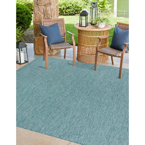 Unique Loom Outdoor Solid Collection Area Rug (13' Square Aquamarine/Ivory)