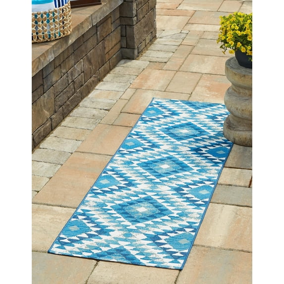 Unique Loom Outdoor Southwestern Collection Area Rug - Fethiye (2' 7" x 5' 3" Runner Blue/Ivory)