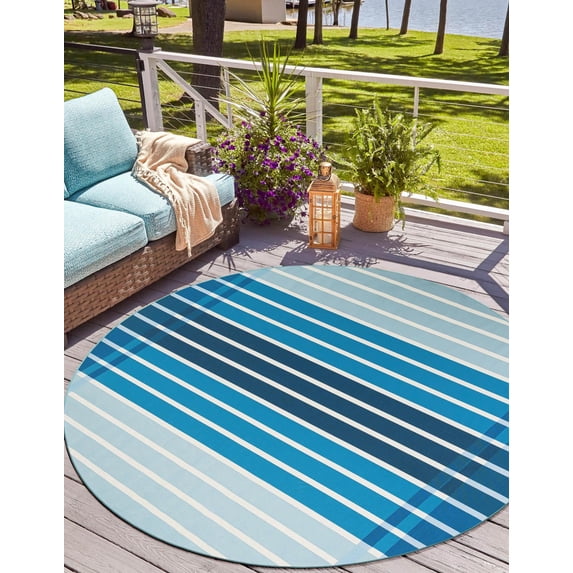 Unique Loom Outdoor Striped Collection Area Rug - Dash (10' Round Blue/Navy Blue)