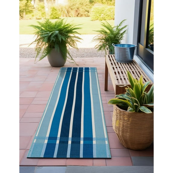 Unique Loom Outdoor Striped Collection Area Rug - Dash (2' 7" x 10' Runner Blue/Navy Blue)