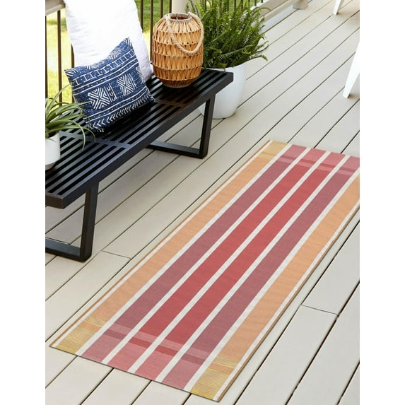 Unique Loom Outdoor Striped Collection Area Rug - Dash (2' 7" x 10' Runner Peach and Salmon/Ivory)