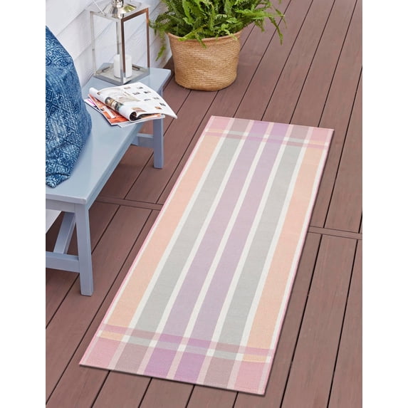 Unique Loom Outdoor Striped Collection Area Rug - Dash (2' x 6' 1" Runner Pink and Lavender/Ivory)