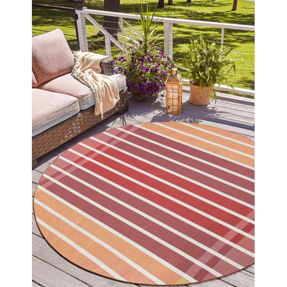 Unique Loom Outdoor Striped Collection Area Rug - Dash (3' 1" Round Peach and Salmon/Ivory)