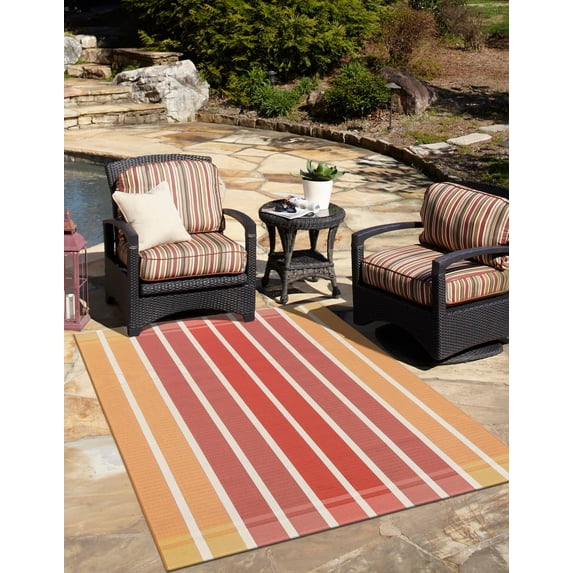 Unique Loom Outdoor Striped Collection Area Rug - Dash (4' 1" x 6' 1" Rectangle Peach and Salmon/Ivory)