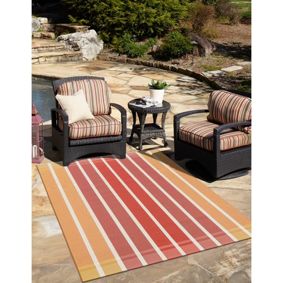 Unique Loom Outdoor Striped Collection Area Rug - Dash (5' 3" x 8' Rectangle Peach and Salmon/Ivory)