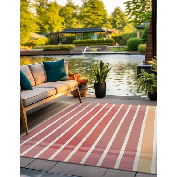 Unique Loom Outdoor Striped Collection Area Rug - Dash (7' 10" Square Peach and Salmon/Ivory)