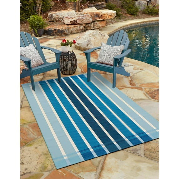 Unique Loom Outdoor Striped Collection Area Rug - Dash (9' x 12' Rectangle Blue/Navy Blue)