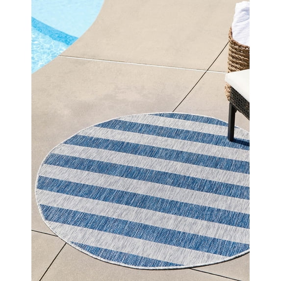 Unique Loom Outdoor Striped Collection Area Rug - Distressed Stripe (10' 8" Round Blue/Ivory)