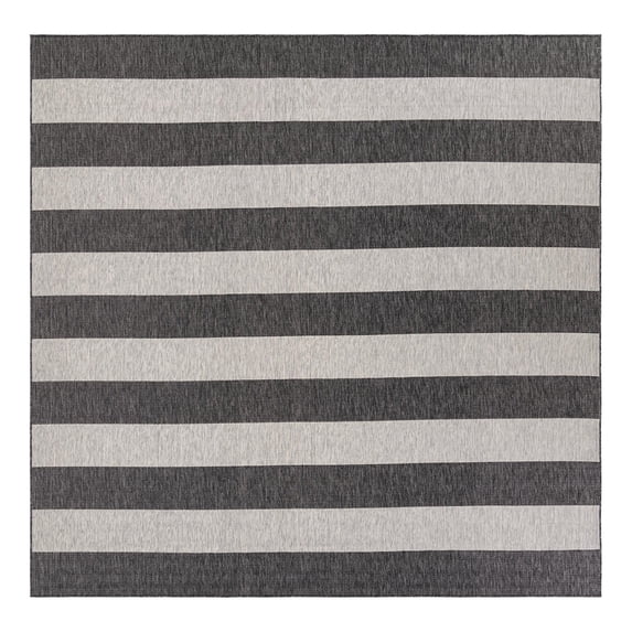 Unique Loom Outdoor Striped Collection Area Rug - Distressed Stripe (10' Square Charcoal Gray/Ivory)