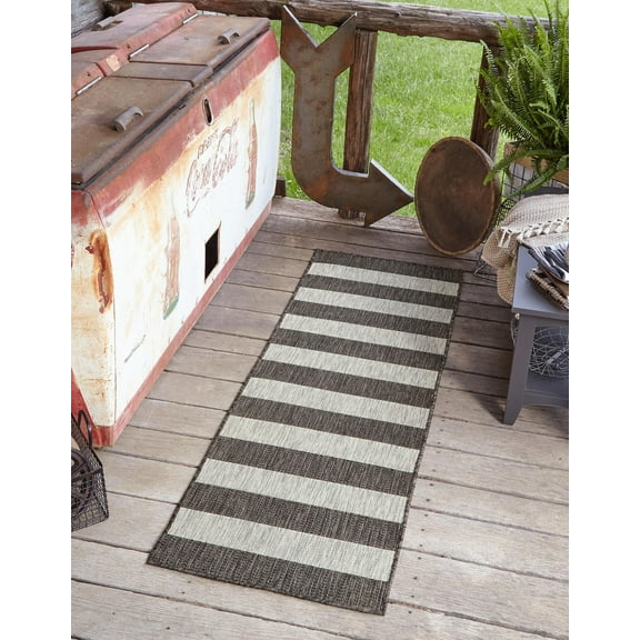 Unique Loom Outdoor Striped Collection Area Rug - Distressed Stripe (2' x 6' 1" Runner Charcoal Gray/Ivory)