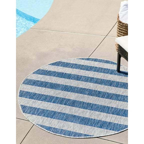 Unique Loom Outdoor Striped Collection Area Rug - Distressed Stripe (4' 1" Round Blue/Ivory)