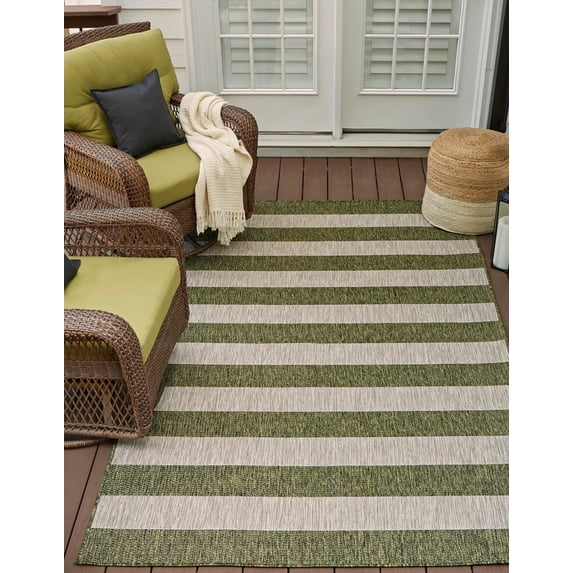 Unique Loom Outdoor Striped Collection Area Rug - Distressed Stripe (4' 1" x 6' 1" Rectangle Green/Gray)