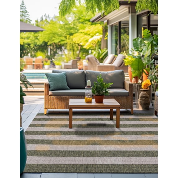Unique Loom Outdoor Striped Collection Area Rug - Distressed Stripe (5' 3" Square Green/Gray)