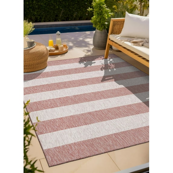 Unique Loom Outdoor Striped Collection Area Rug - Distressed Stripe (5' 3" Square Rust Red/Gray)