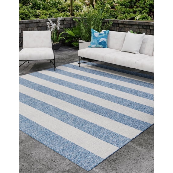 Unique Loom Outdoor Striped Collection Area Rug - Distressed Stripe (6' 1" Square Blue/Ivory)