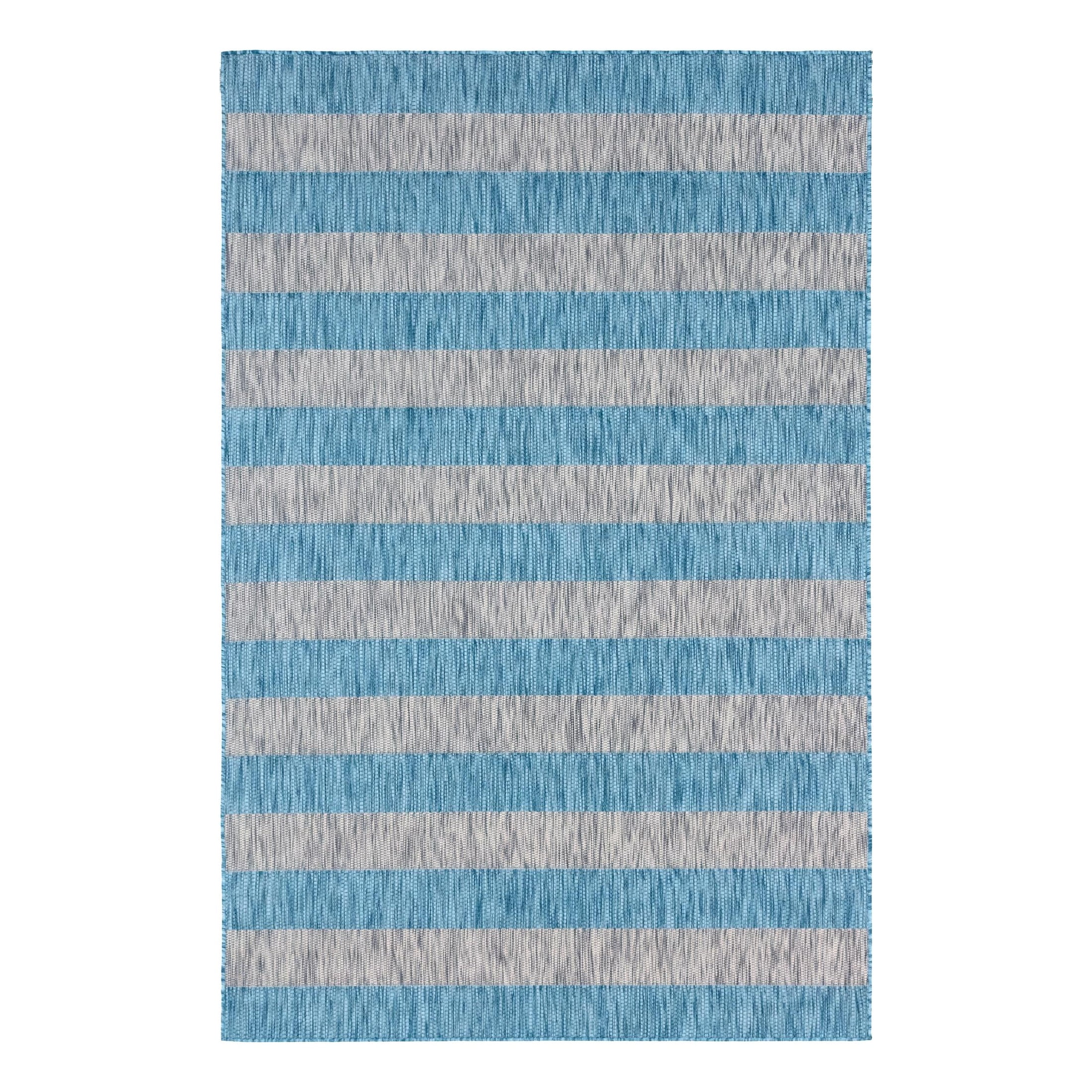 Aqua Blue and Ivory Stripe 6' x 9' Easy-Care Outdoor Rug