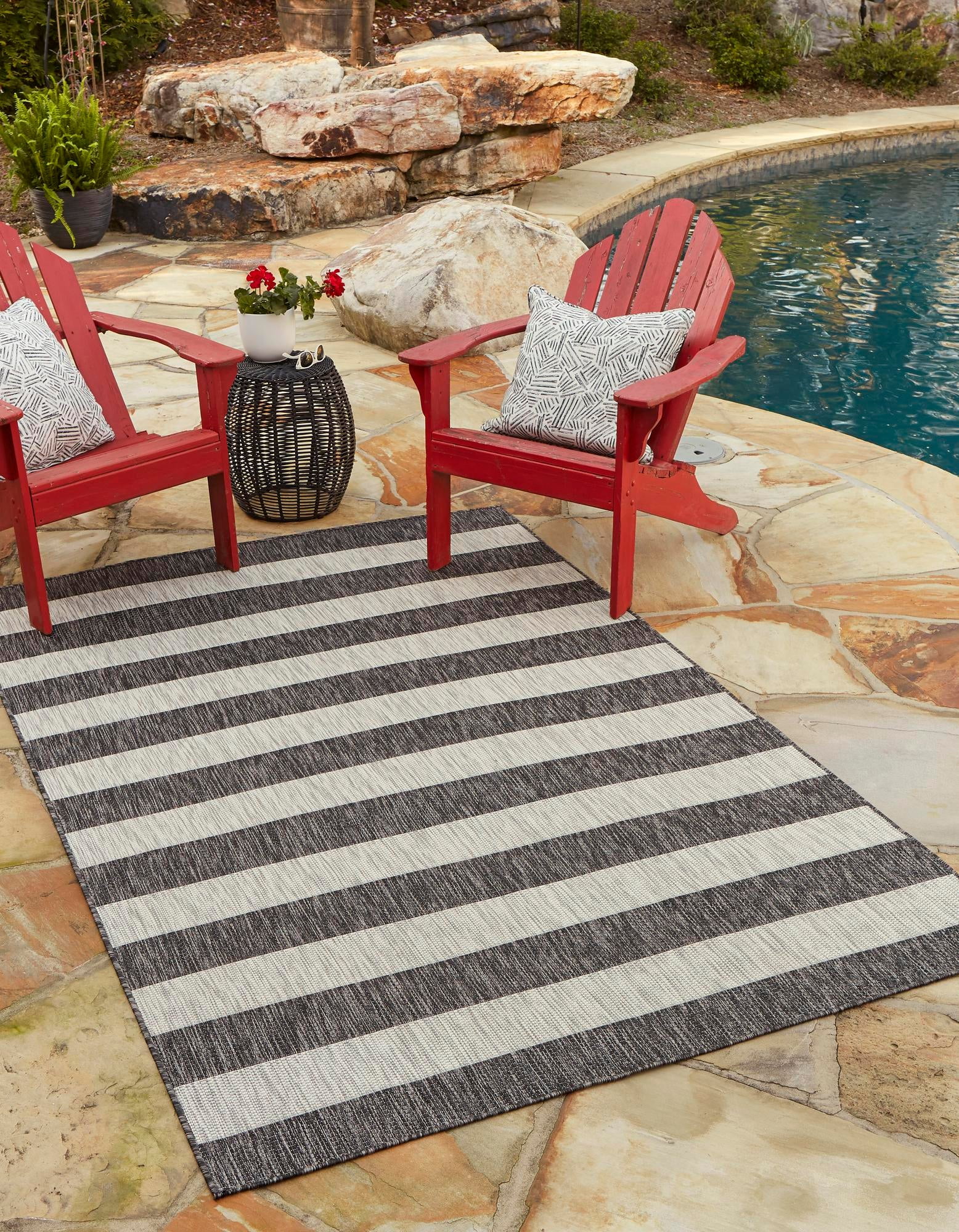 Charcoal Gray and Black Striped Synthetic Outdoor Rug 7' x 10'