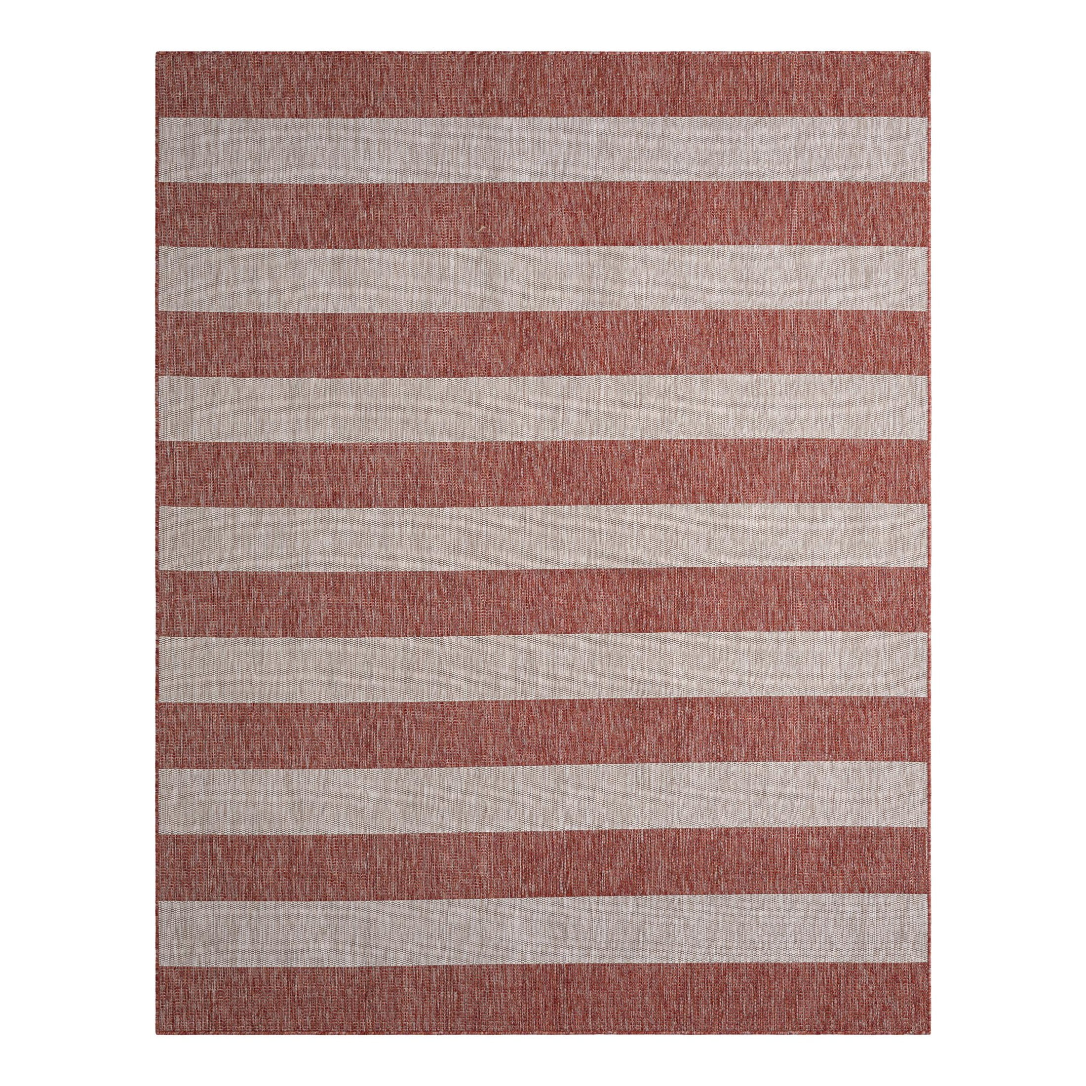 Rust Red and White Striped Outdoor Rectangular Rug