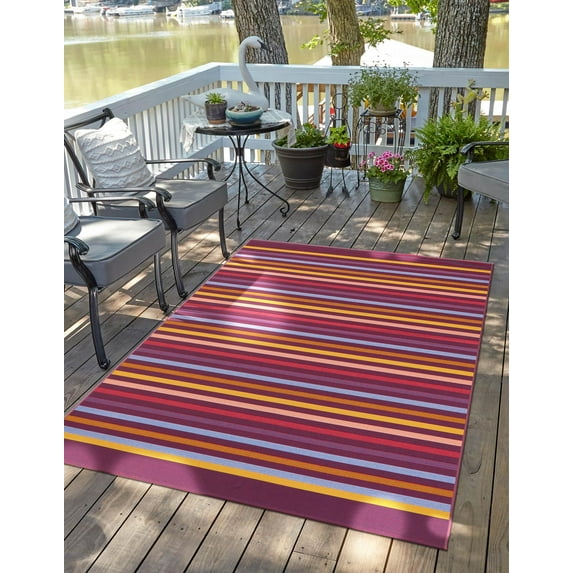 Unique Loom Outdoor Striped Collection Area Rug - Lines (5' 3" x 8' Rectangle Multi/Burgundy)