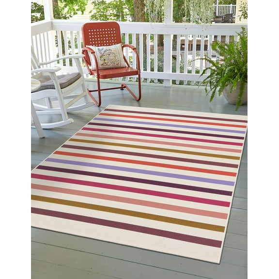 Unique Loom Outdoor Striped Collection Area Rug - Lines (5' 3" x 8' Rectangle White/Ivory)