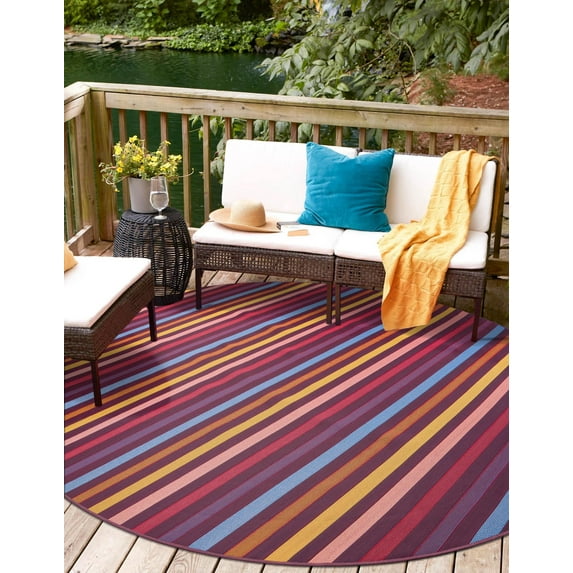 Unique Loom Outdoor Striped Collection Area Rug - Lines (6' 1" Round Multi/Burgundy)