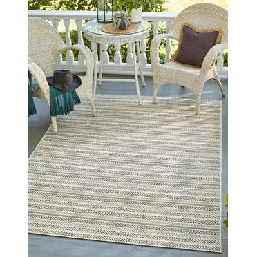 Unique Loom Outdoor Striped Collection Area Rug - Maia (4' x 6' Rectangle Green/Ivory)
