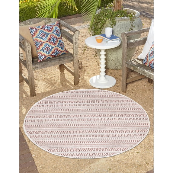 Unique Loom Outdoor Striped Collection Area Rug - Maia (5' 3" Round Red/Ivory)