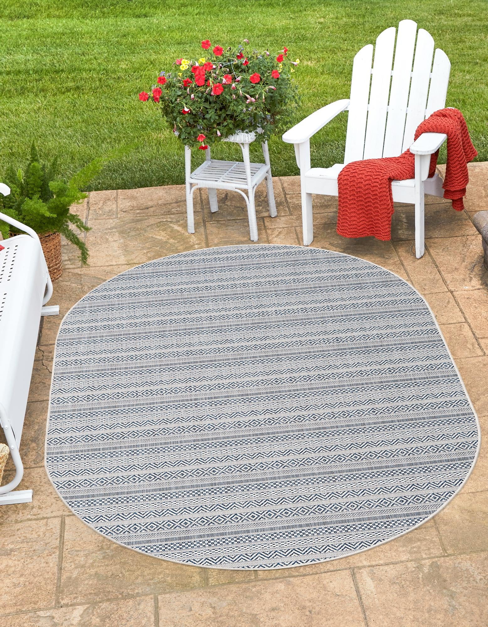 Light Blue Oval Striped Synthetic Outdoor Rug