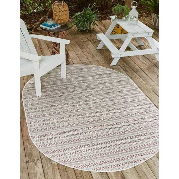 Unique Loom Outdoor Striped Collection Area Rug - Maia (5' 3" x 7' 10" Oval Red/Ivory)