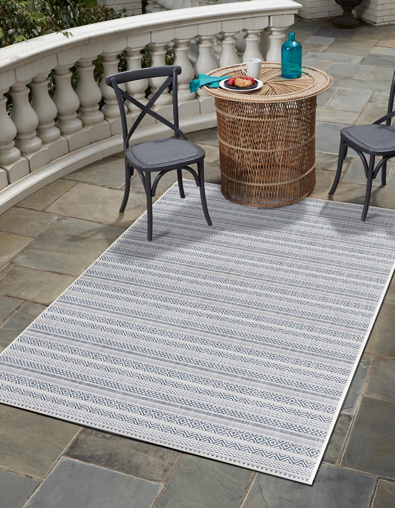 Light Blue Rectangular Striped Outdoor Synthetic Area Rug