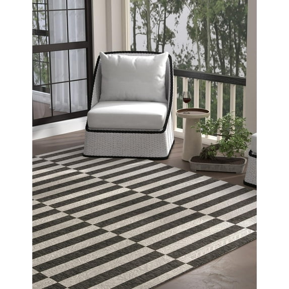 Unique Loom Outdoor Striped Collection Area Rug - Striped (13' 1" Square Charcoal/Ivory)