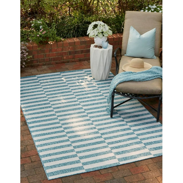 Unique Loom Outdoor Striped Collection Area Rug - Striped (4' 1" x 6' 1" Rectangle Light Aqua/Ivory)