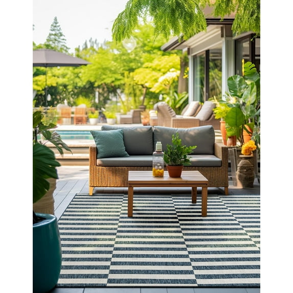 Unique Loom Outdoor Striped Collection Area Rug - Striped (5' 3" Square Blue/Ivory)