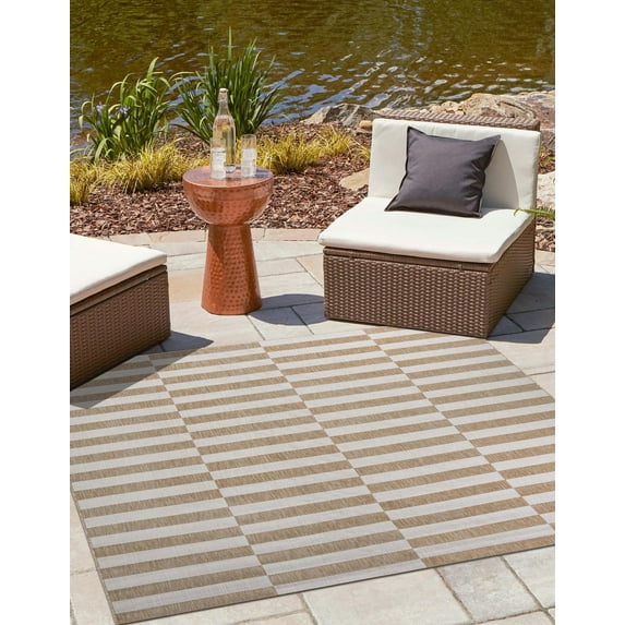 Unique Loom Outdoor Striped Collection Area Rug - Striped (5' 3" Square Taupe/Ivory)
