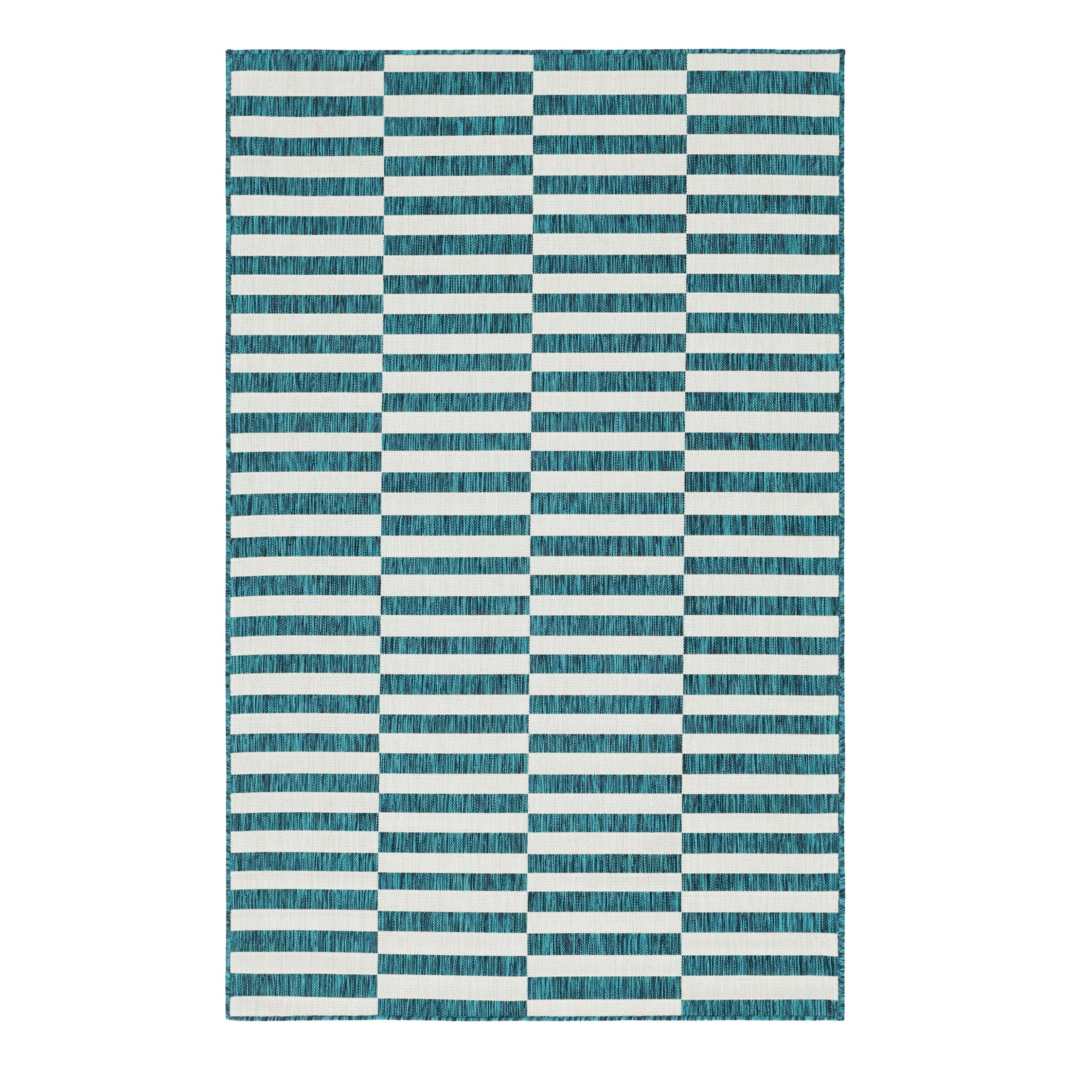 Teal and Ivory Stripe Easy-Care Outdoor Rug 5'1" x 8' Rectangular Synthetic