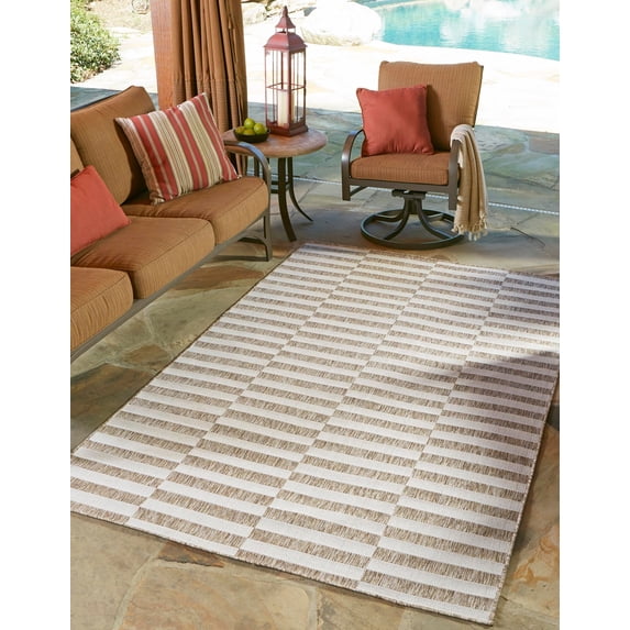 Unique Loom Outdoor Striped Collection Area Rug - Striped (5' x 7' Rectangle Taupe/Ivory)