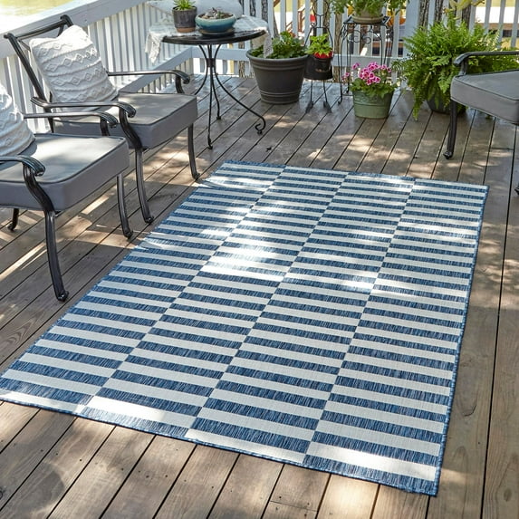 Unique Loom Outdoor Striped Collection Area Rug - Striped (9' x 12' 2" Rectangle Blue/Ivory)
