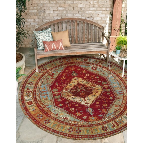 Unique Loom Outdoor Traditional Collection Area Rug - Vinatge (10' Round Red Green Blue/Ivory)