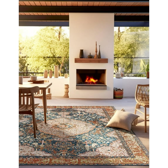 Unique Loom Outdoor Traditional Collection Area Rug - Timeless (10' Square Navy Blue and Light Pink/Gold)