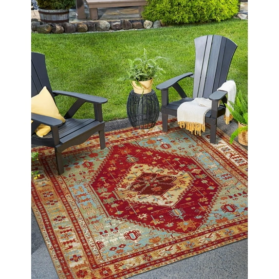 Unique Loom Outdoor Traditional Collection Area Rug - Vinatge (10' Square Red Green Blue/Ivory)