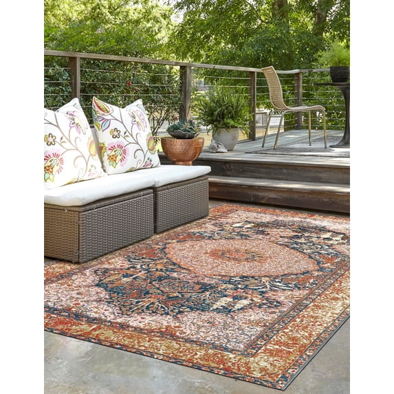 Unique Loom Outdoor Traditional Collection Area Rug - Timeless (2' x 3' 1" Rectangle Navy Blue and Light Pink/Gold)