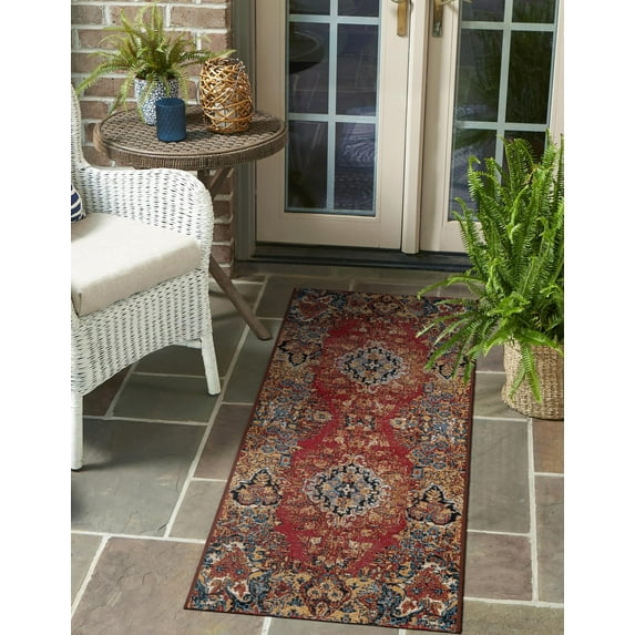 Unique Loom Outdoor Traditional Collection Area Rug - Classic (2' x 5' 1" Runner Antique Red/Beige)