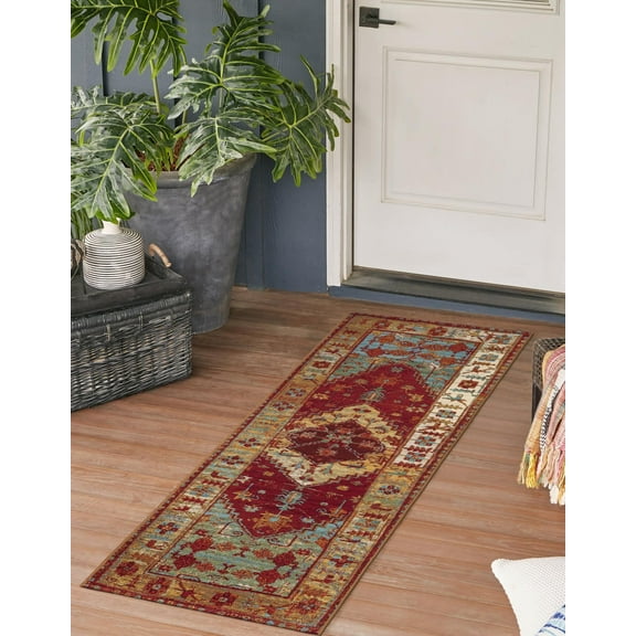 Unique Loom Outdoor Traditional Collection Area Rug - Vinatge (2' x 5' 1" Runner Red Green Blue/Ivory)