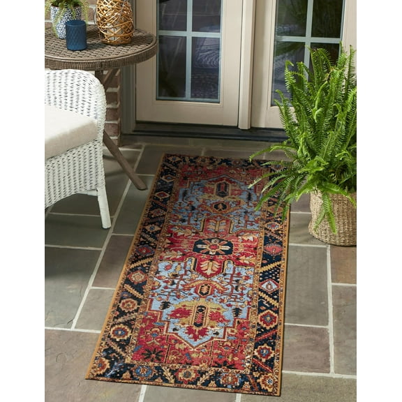 Unique Loom Outdoor Traditional Collection Area Rug - Regal (2' x 5' 1" Runner Rust Red and Blue/Yellow)